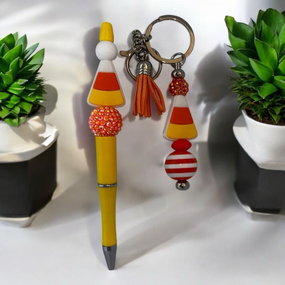 Candy corn Handmade Beaded Ballpoint Pen & Matching Keychain